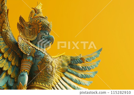 A large ornate bird sculpture with a menacing face is carved into a red stone with Generative AI 115282910