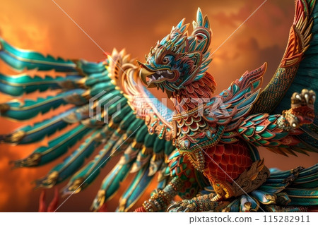 A large ornate bird sculpture with a menacing face is carved into a red stone with Generative AI 115282911