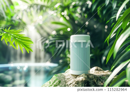 A white water filter sits on a table next to a green plant with Generative AI A white water filter sits on a table next to a green plant with Generative AI 115282964