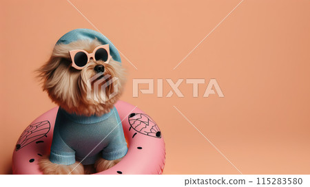 Funny dog wearing summer fashion on pastel background. Summer Vacation Concept. 115283580