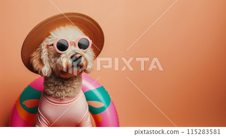 Funny dog wearing summer fashion on pastel background. Summer Vacation Concept. Funny dog wearing summer fashion on pastel background. Summer Vacation Concept. 115283581