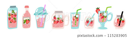 A set of strawberry lemonade. Summer berry refreshing beverage with strawberry and mint. 115283905