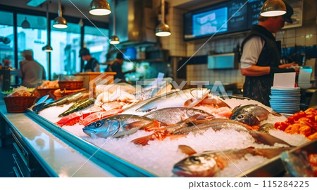 市場/魚店的風景,鮮魚排成一排 市場/魚店的風景,鮮魚排成一排 115284225