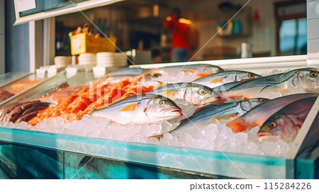 Scenery of a fish market and fishmongers lined with fresh fish 115284226