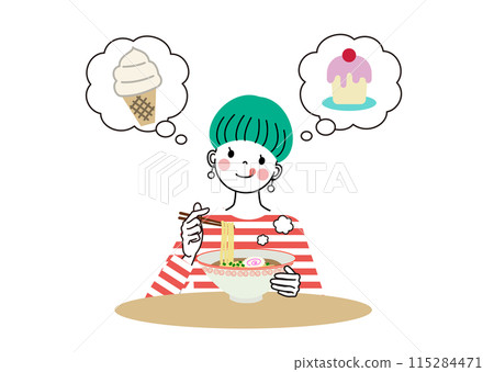 一個女人帶著幸福的表情想著吃完拉麵後要吃的糖果 115284471