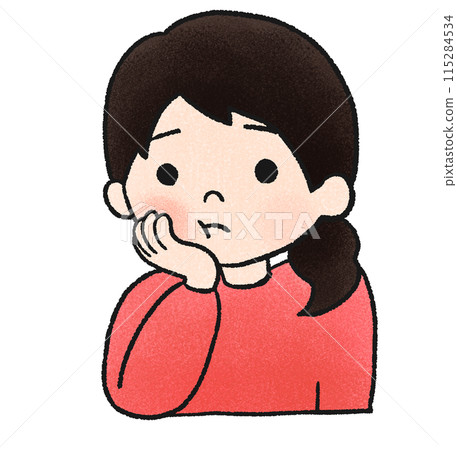 手繪插圖，一個牙痛的女孩把手放在臉頰上 115284534