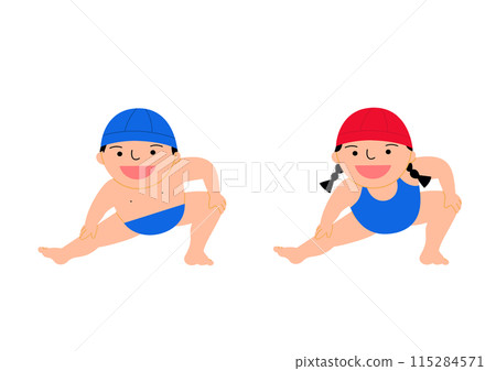 穿著泳衣的男孩和女孩微笑著熱身，藍色帽子，紅色帽子 115284571