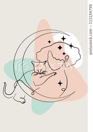 Card or poster with one single line drawing of female face and abstract shapes 115284798