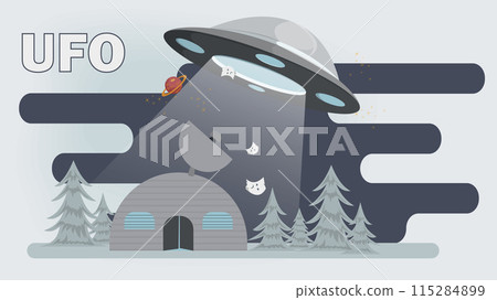 A flat illustration of a UFO flying at night over a hangar with a radio telescope on the roof located in the forest A flat illustration of a UFO flying at night over a hangar with a radio telescope on the roof located in the forest 115284899