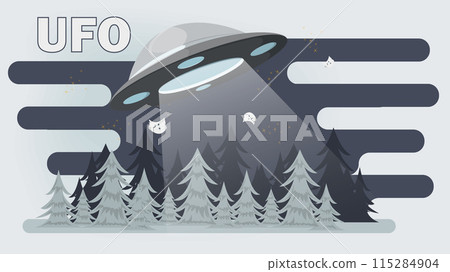 A flat illustration of a UFO flying over a forest at night A flat illustration of a UFO flying over a forest at night 115284904