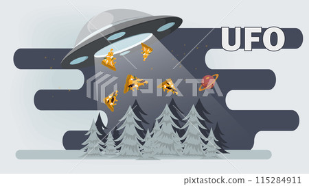 A flat illustration of a UFO stealing pizza slices at night in a forest against a starry sky 115284911