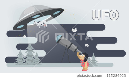 Flat illustration of a woman watching a flying UFO through a telescope  115284923