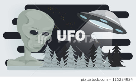Flat illustration of an alien over a forest at night and a flying UFO 115284924