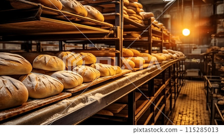 貨架上排列著新鮮出爐的麵包，麵包店的風景 115285013