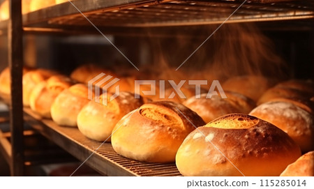 新鮮出爐的麵包,麵包店烤箱的特寫 新鮮出爐的麵包,麵包店烤箱的特寫 115285014