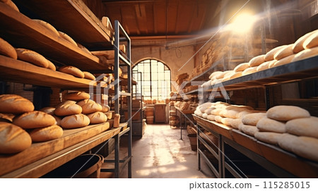 貨架上排列著新鮮出爐的麵包，麵包店的風景 115285015