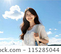 Smiling woman protecting herself from the summer sun: career advancement image 115285044
