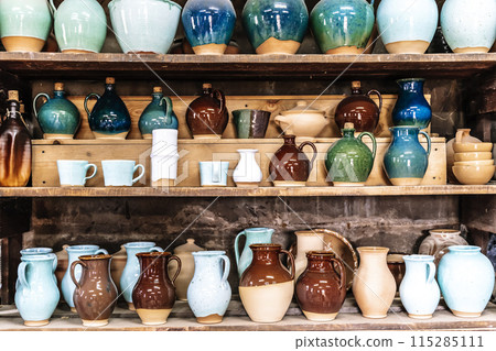 Pottery old craft dishes, jugs, pots. Old rustic pottery  115285111