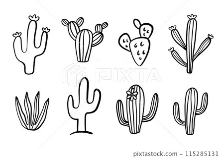 Hand drawn cacti doodles set. Cute cactus sketch Hand drawn cacti doodles set. Cute cactus sketch 115285131