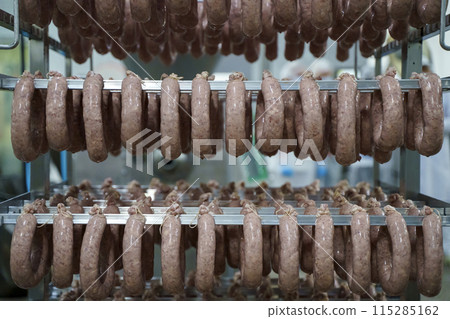 Production of meat sausages and sausages from pork and beef. Meat factory 115285162