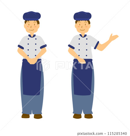 Illustration of a man wearing a hat and smiling while serving customers 115285340
