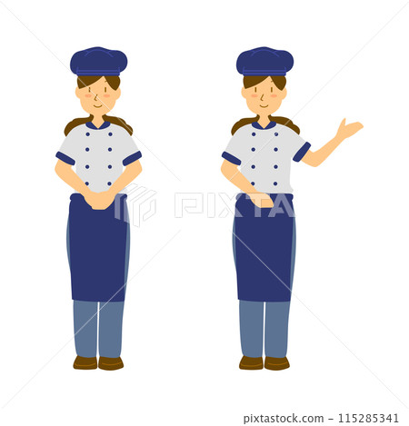 Illustration of a woman wearing a hat and smiling while serving customers 115285341