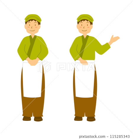 穿著日式製服、微笑著為顧客服務的男人的插圖 穿著日式製服、微笑著為顧客服務的男人的插圖 115285343