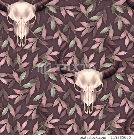 Seamless pattern with skull and leaves. Decoration floral motif wallpaper, wrapping, cards, halloween decor. Seamless pattern with skull and leaves. Decoration floral motif wallpaper, wrapping, cards, halloween decor. 115285690