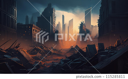 Scenery of burning ruined building city (AI generated image) Scenery of burning ruined building city (AI generated image) 115285811