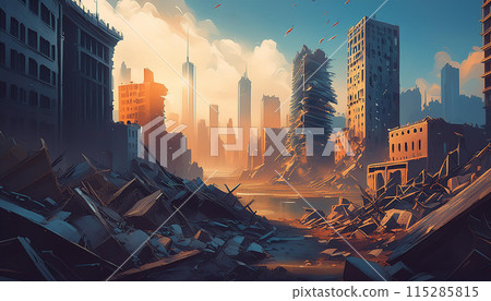 燒毀建築城市的風景(AI 生成圖像) 燒毀建築城市的風景(AI 生成圖像) 115285815