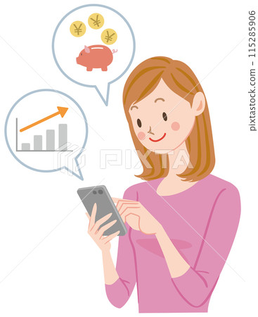 一位女性經營智慧型手機投資的插圖 一位女性經營智慧型手機投資的插圖 115285906