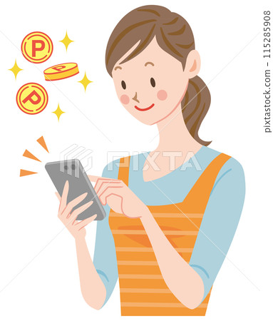 使用智慧型手機、收集積分和付款的家庭主婦 115285908