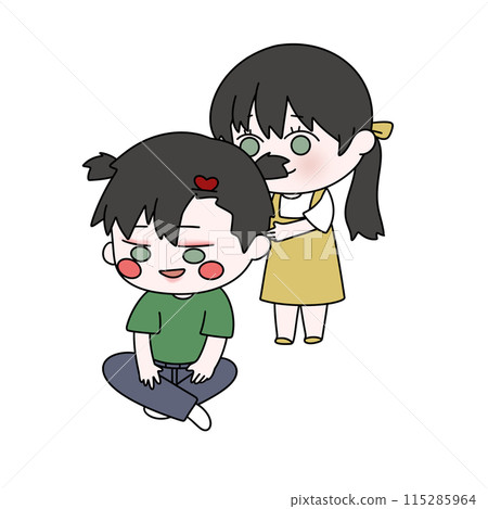 A cartoon of a boy and girl with a heart on the boy's head A cartoon of a boy and girl with a heart on the boy's head 115285964