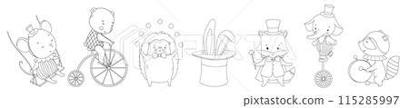 Outline cute baby circus animals set. Funny bear on retro bike in vintage costume. Hand drawn isolated line illustration for coloring book 115285997