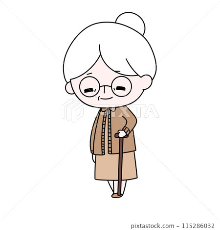 A cartoon woman with a cane and glasses A cartoon woman with a cane and glasses 115286032