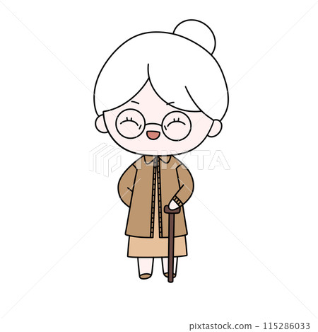 A cartoon woman with a cane and glasses A cartoon woman with a cane and glasses 115286033