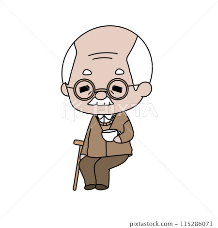 An old man is sitting in a chair with a cane and a cup in his hand An old man is sitting in a chair with a cane and a cup in his hand 115286071