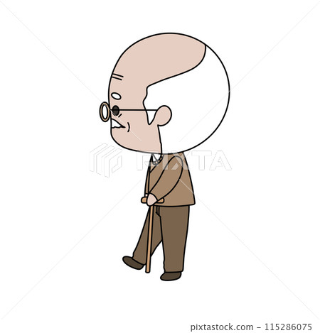 An old man with a cane walks down the street 115286075