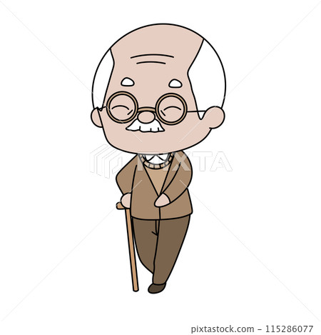 An old man with glasses and a cane is walking 115286077