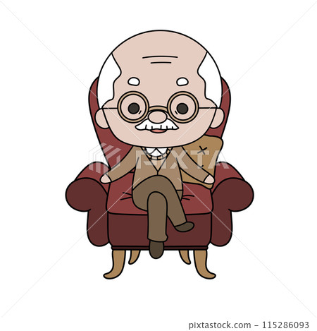 An old man is sitting in a red chair with a white background 115286093