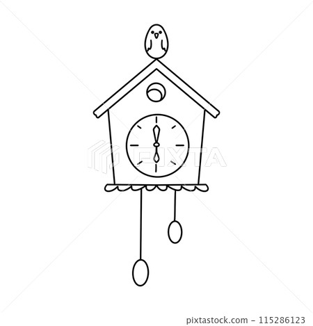 A clock is hanging from a birdhouse 115286123