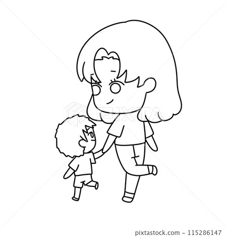 A woman and a child are holding hands 115286147