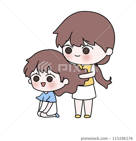 A cartoon drawing of a girl with long hair being brushed by another girl 115286176