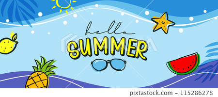 Hello summer banners design hand drawn style. Summer with doodles and objects elements background. 115286278
