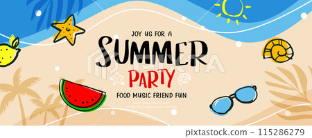 Summer party banner poster with doodle element on beach background. 115286279