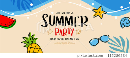 Summer party banner poster with doodle element on beach background. 115286284