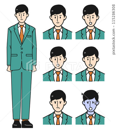 商人全身及臉部表情的6種模式 商人全身及臉部表情的6種模式 115286308