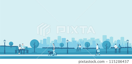 Everyday scenery of people relaxing in a park with nature Horizontal banner illustration / Blue 115286437