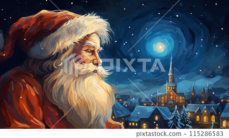 手绘卡通唯美的夜光下的圣诞老人插画 115286583