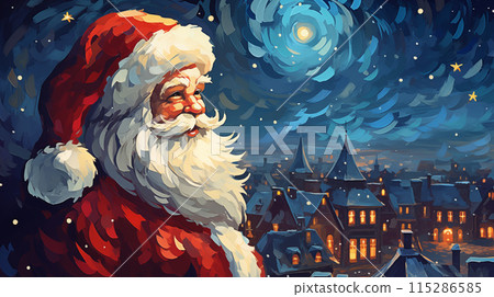 手绘卡通唯美的夜光下的圣诞老人插画 115286585